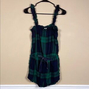 Aerie Women’s Plaid Flannel Navy Blue Green Black Tie Waist Pajama Tank Romper